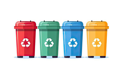 Zero waste concept, trash in recycling container, illustration of four waste containers on white background. AI generated
