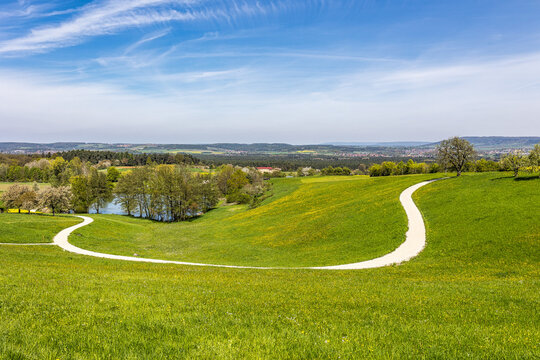 Cherry blossoms on the hills around Kalchreuth, Germany in Franconian Switzerland