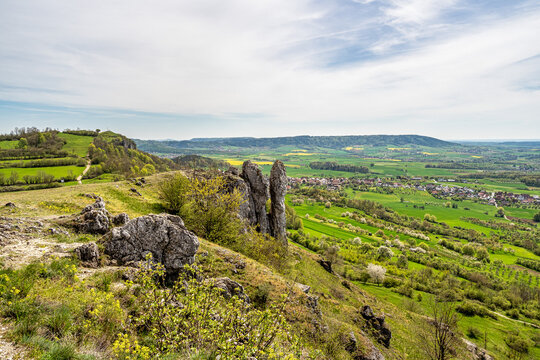 Ehrenbuergstein and the walberla rock near village Kirchehrenbach, county Forchheim, upper franconia, bavaria, germany