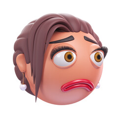 Emoji pleading face of glamour woman. Cartoon smiley on transparent background. 3D render left view