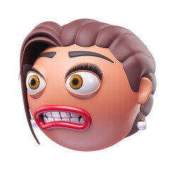 Emoji grimacing face of glamour woman. Cartoon smiley on transparent background. 3D render right view