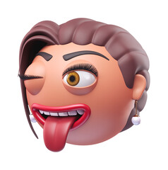 Emoji winking face with tongue of glamour woman. Cartoon smiley on transparent background. 3D render right view