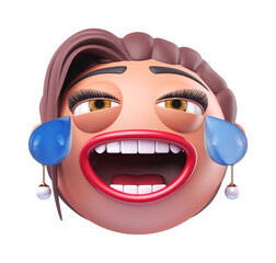 Emoji face with tears of joy of glamour woman. Cartoon smiley on transparent background. 3D render front view