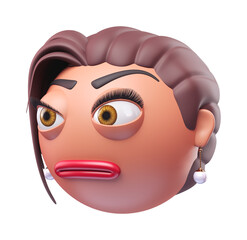 Emoji face with raised eyebrow of glamour woman. Cartoon smiley on transparent background. 3D render right view