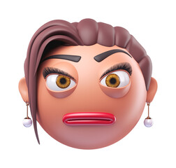 Emoji face with raised eyebrow of glamour woman. Cartoon smiley on transparent background. 3D render front view