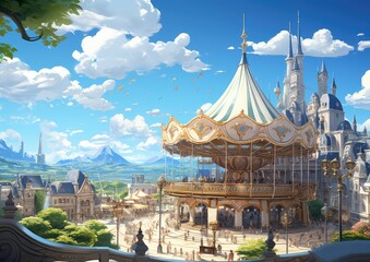 Anime painting of the carousel in the fantasy landscape. 