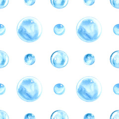 Blue bubbles watercolor illustration. Hand drawn round transparent ball. Seamless pattern on white background.