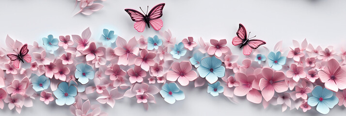 Butterflies and flowers in pastel colors - Generative AI