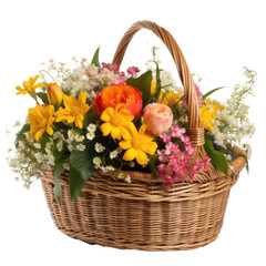 Fototapeta na wymiar Wicker basket full of beautiful different flowers isolated on transparent background, png clip art. Decorative floral element. Generated with AI.