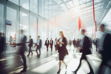 Blurred figures of business people strolling at an expo, conference, or within a contemporary hall, demonstrating motion speed blur, broad panoramic banner