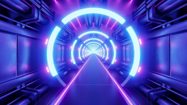 Backgroundb blue and purple Science fiction interior. Sci-fi corridors. 3d animation loop