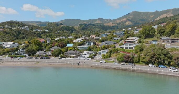Aerial: Seaside town of Akaroa, Canterbury, New Zealand