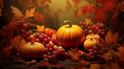 Naklejka na ściany i meble Pumpkin, Squash. Happy Thanksgiving Day wooden Table Background