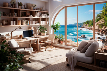 Fototapeta na wymiar modern living room with sea view from the window,generative ai