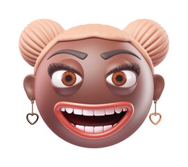 Emoji grinning face of glamour black african american woman. Cartoon smiley on transparent background. 3D render front view