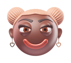 Emoji slightly smiling face of glamour black african american woman. Cartoon smiley on transparent background. 3D render front view