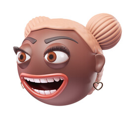 Emoji grinning face of glamour black african american woman. Cartoon smiley on transparent background. 3D render right view