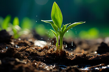 Young green sprout of corn seedling growing on fertile soil.generative ai