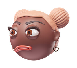 Emoji confused face of glamour black african american woman. Cartoon smiley on transparent background. 3D render right view