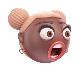Emoji astonished face of glamour black african american woman. Cartoon smiley on transparent background. 3D render left view