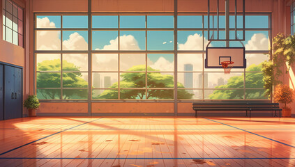 バスケットゴールのある室内体育館アニメ背景