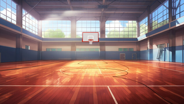 バスケットゴールのある室内体育館アニメ背景