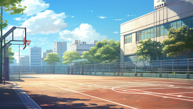 バスケットゴールのある室外グラウンドアニメ背景