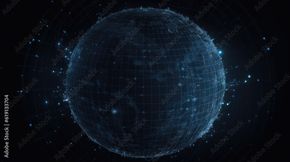 Poster transparent planet earth in a grid of dots and lines. technologies. ai generative.