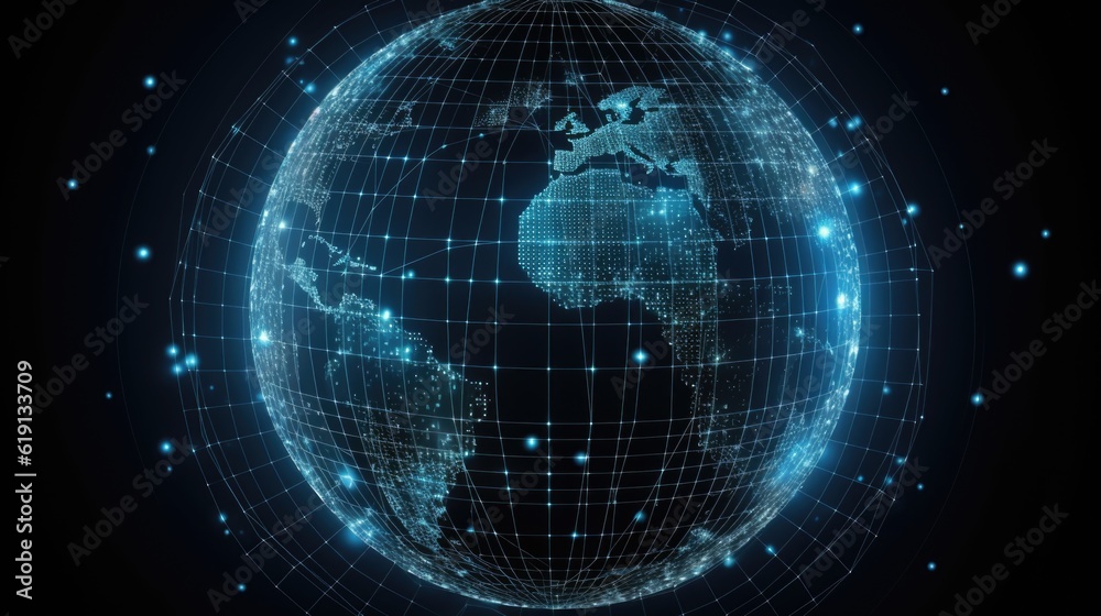 Poster transparent planet earth in a grid of dots and lines. technologies. ai generative.