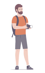 Hiking man with a camera. European tourist with a backpack. Traveler on vacation. Flat vector illustration isolated on white background