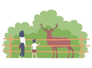 Obraz na płótnie Canvas Mother and child look at a deer in the zoo. Herbivore mammal with horns. Wild animal. Family weekend and leisure. Cartoon vector illustration isolated on white background