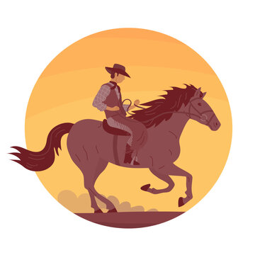 Cowboy man in a hat rides a horse. Desert and hot sunset. Wild West, western, rodeo and horse racing. Cartoon vector illustration
