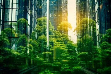 Reflection of skyscrapers and green trees in the glass.generative ai