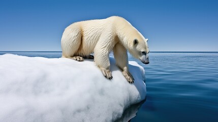 Illustration of global warming impact with polar white bear on melting iceberg. Environmental problems. Outdoor background with copy space. Generated with AI.