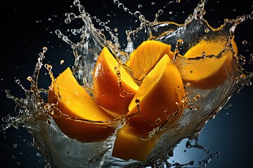 Naklejka na ściany i meble Mango slices falling in water and making a splash. Generative Ai