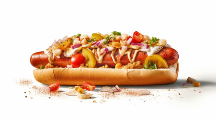 picture of a hot dog with sausage and sauce and greens, generative ai