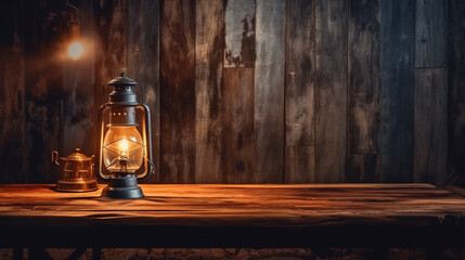 Fototapeta na wymiar rustic wood wallpaper with lantern, generative ai