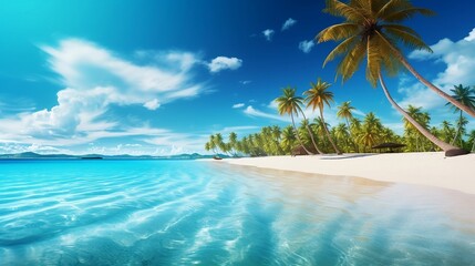 Obraz na płótnie Canvas Beach background, beach landscape, tropical nature scene, palm trees and blue sky, summer vacation concept new quality universal colorful technology stock image illustration design, generative ai