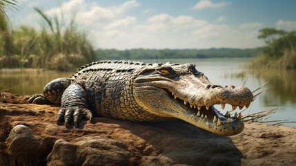 alligator in the swamp HD 8K wallpaper Stock Photographic Image - obrazy, fototapety, plakaty