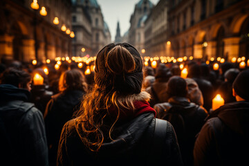 Crowds of people gathered in front of the Notre Dame cathedral in Strasbourg, France.generative ai
