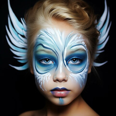 A child portrait with a painted face in the image of a angel. Solid isolated background. Generative AI.