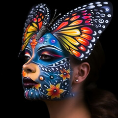 A child portrait with a painted face in the image of a butterfly. Solid isolated background. Generative AI.