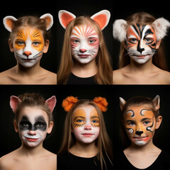 A Collage with child portraits with a painted face in the image of animals. Solid isolated background. Generative AI.