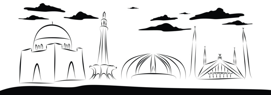Mausoleum of Quaid-e-Azam , Pakistan Monument , Faisal Mosque , Minar e Pakistan vector design banner and  14 august Pakistan independence day Banner