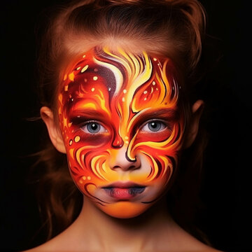 A child portrait with a painted face in the image of a fire. Solid isolated background. Generative AI.