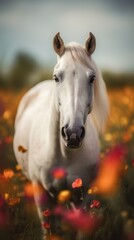Template of vertical splash screen for mobile phone with beautiful white horse on the wild flowers background. Outdoor nature scene. Generated with AI.