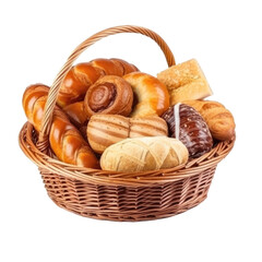 Wicker basket full of delicious and sweet buns and bakery products isolated on transparent background, png clip art. Generated with AI.
