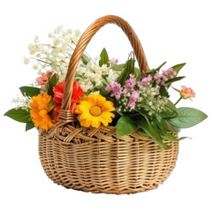 Fototapeta na wymiar Wicker basket full of beautiful different flowers isolated on transparent background, png clip art. Decorative floral element. Generated with AI.