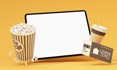 Movie time 3d render illustration. Cinema poster concept on color background. Composition with popcorn, clapperboard, 3d glasses and filmstrip. Cinema banner design for movie theater.