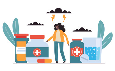 Sad depression medication drug addiction concept. Vector design graphic illustration